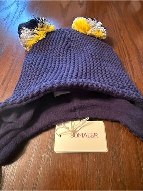 Soma Kids Navy Knit Hat with Yellow, Black & Cream Pom-Poms
